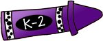 purple crayon icon with K-2 linked to grades kinder through 2nd grade resources 