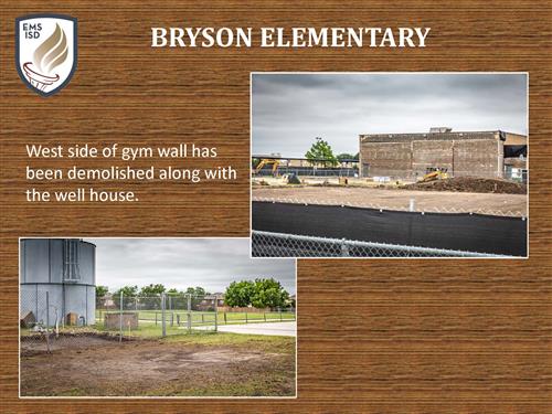 Bryson Elementary School, two photos of west side of gym wall that has been demolished along with the well house.