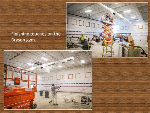 Two photos of finishing touches on the Bryson Elementary School gym.