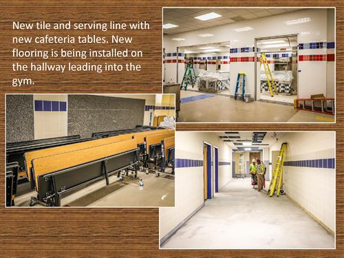 Three photos of new tile and serving line with new cafeteria tables. New flooring is being installed on the hallway leading into the gym.
