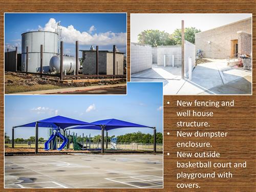 One photo of new fencing and well house structure. One photo of new dumpster enclosure. One photo of new outside basketball court and playground with covers.