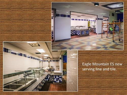 Two photos of Eagle Mountain Elementary School's new serving line and tile.