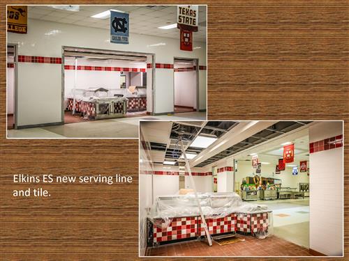 Two photos of Elkins Elementary School's new serving line and tile.