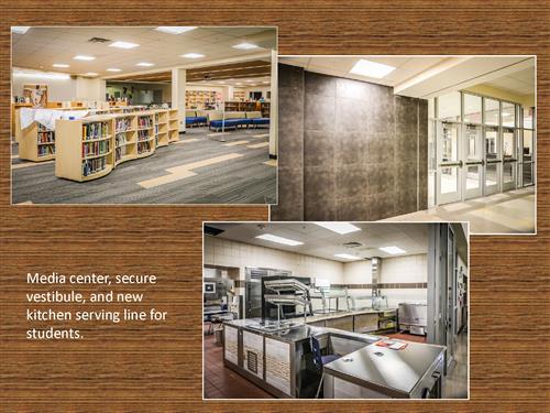 Three photos of media center, secure vestibule and new kitchen serving line for students. 