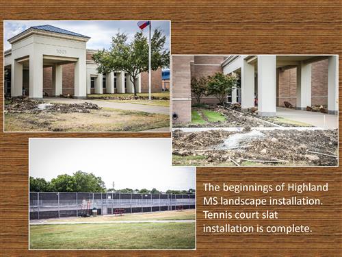Three photos of the beginnings of Highland Middle School landscape installation. Tennis court slat installation is complete. 