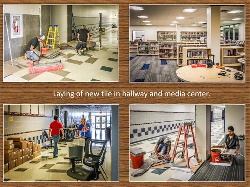 Four photos of laying new tile in hallways and media center. 