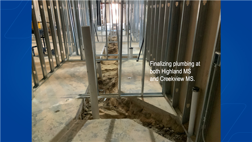 Photo of finalizing plumbing at both Highland Middle School and Creekview Middle School. 